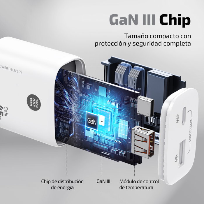 Tech One Tech TEC2245 Cargador de Pared GaN 45W USB-C y USB-A Blanco